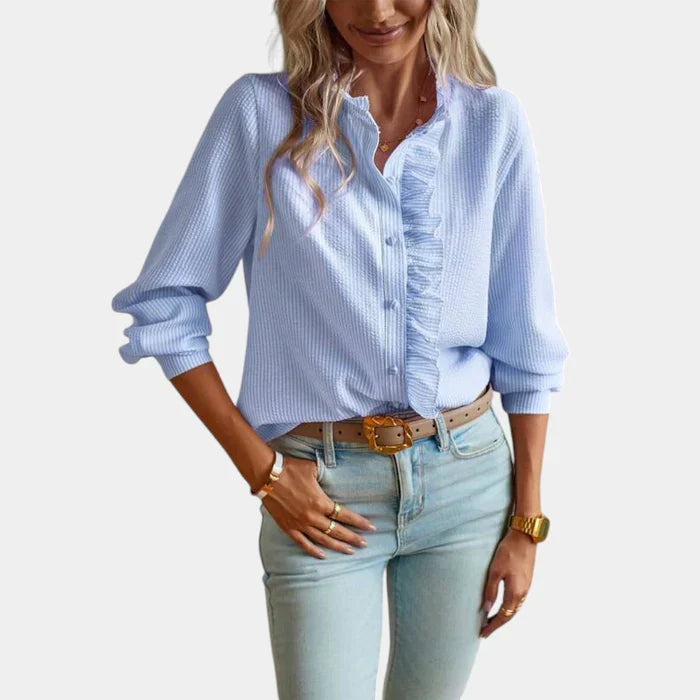 Women's Striped Blouse with Ruffles and Elegant Button Closure