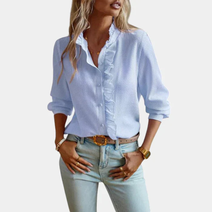 Women's Striped Blouse with Ruffles and Elegant Button Closure