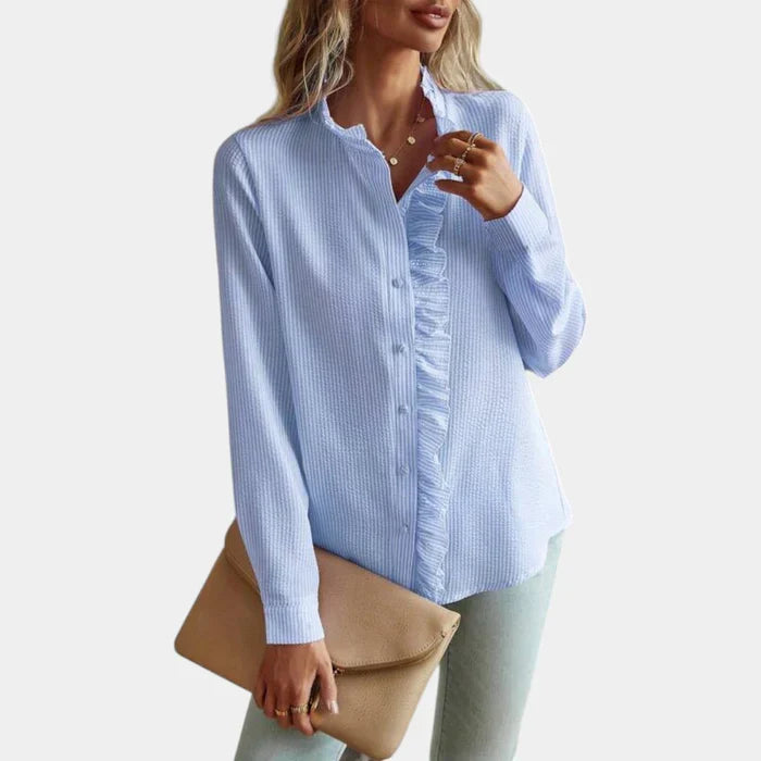 Women's Striped Blouse with Ruffles and Elegant Button Closure