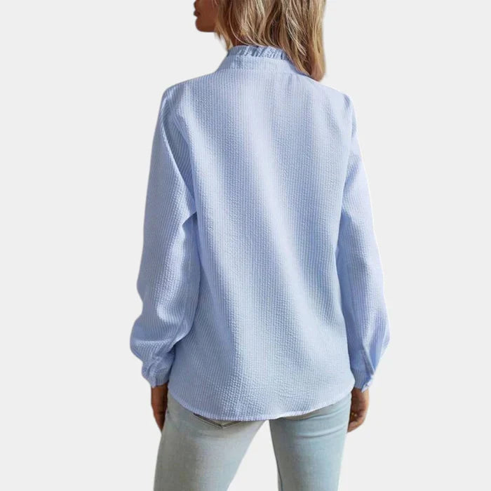 Women's Striped Blouse with Ruffles and Elegant Button Closure