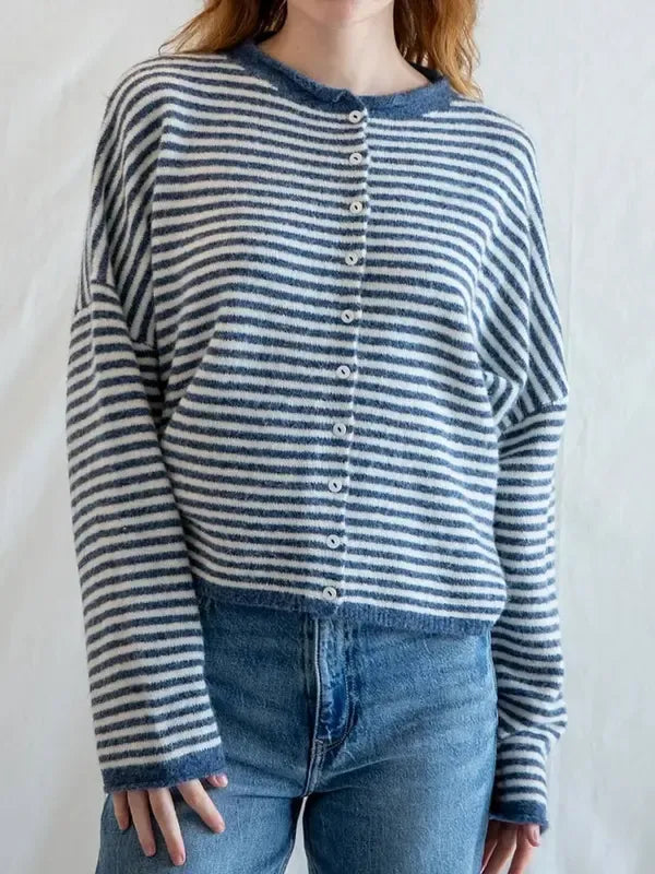 Women's Striped Cropped Button Cardigan