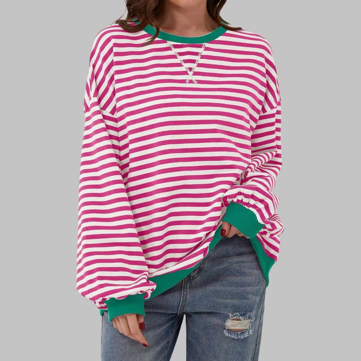Women's Striped Long Sleeve Crewneck Sweater