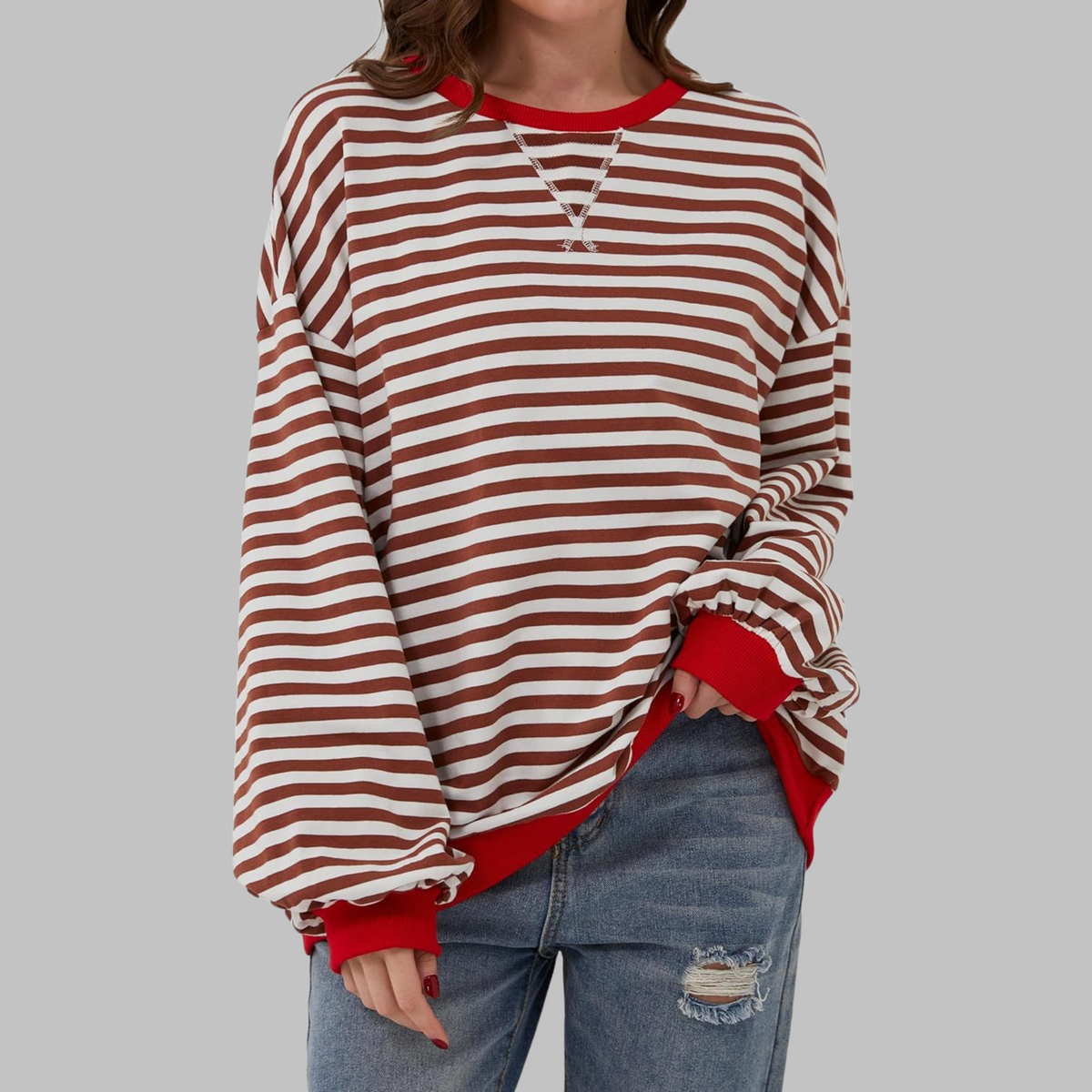 Women's Striped Long Sleeve Crewneck Sweater