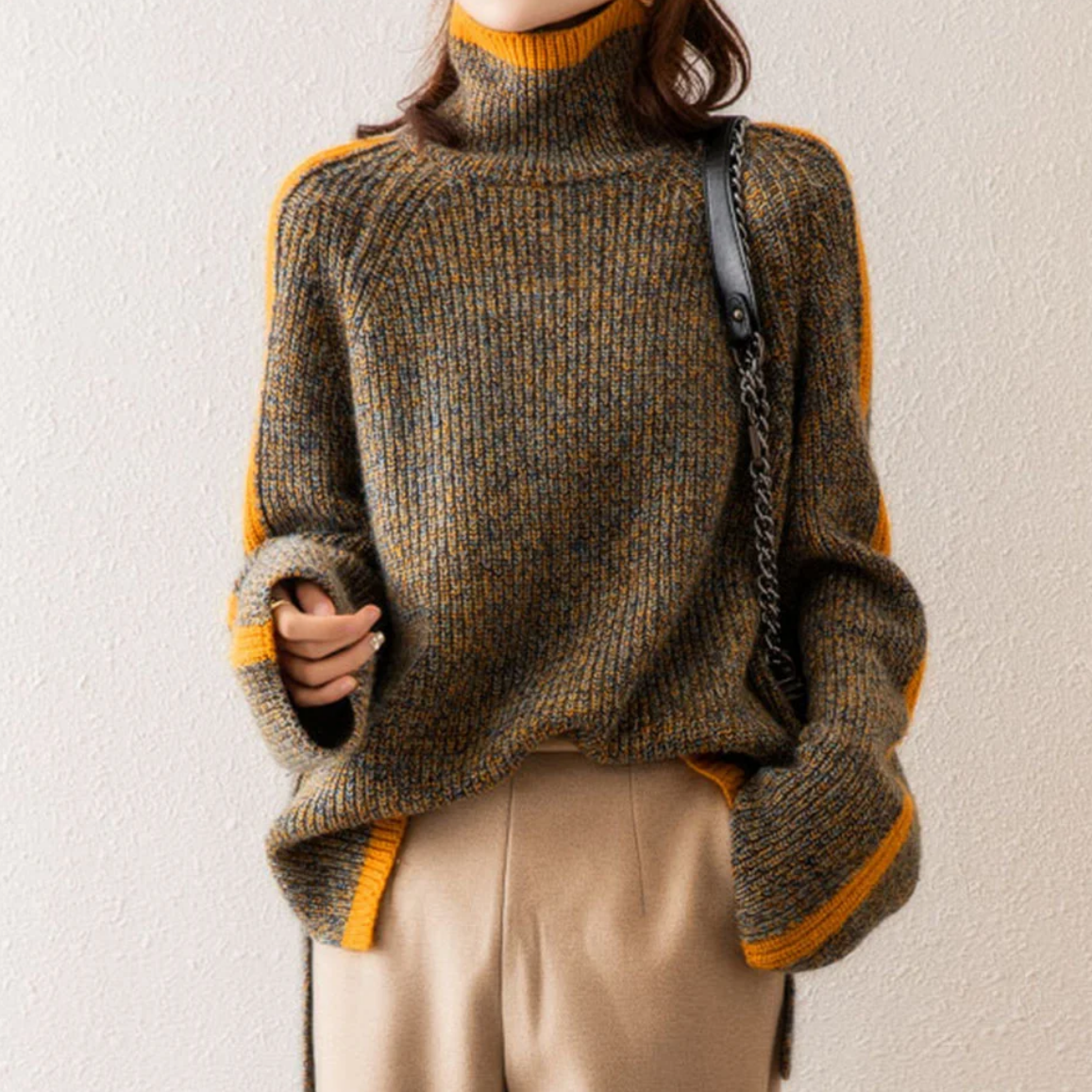 Women's Striped Sleeve Turtleneck Sweater