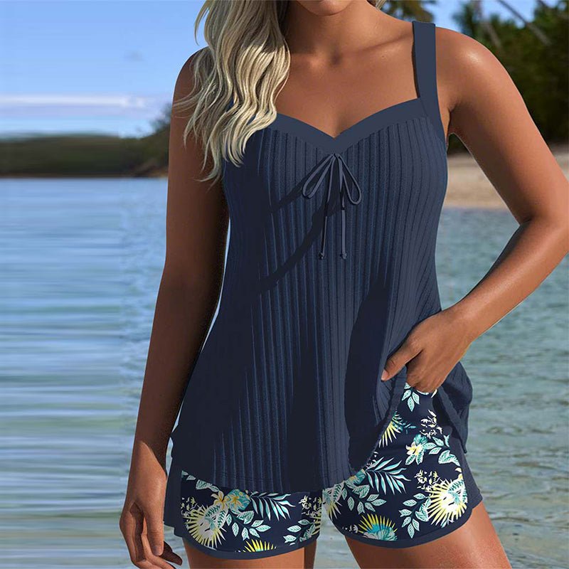 Women's Striped Two-Piece Tankini Set with Swim Shorts