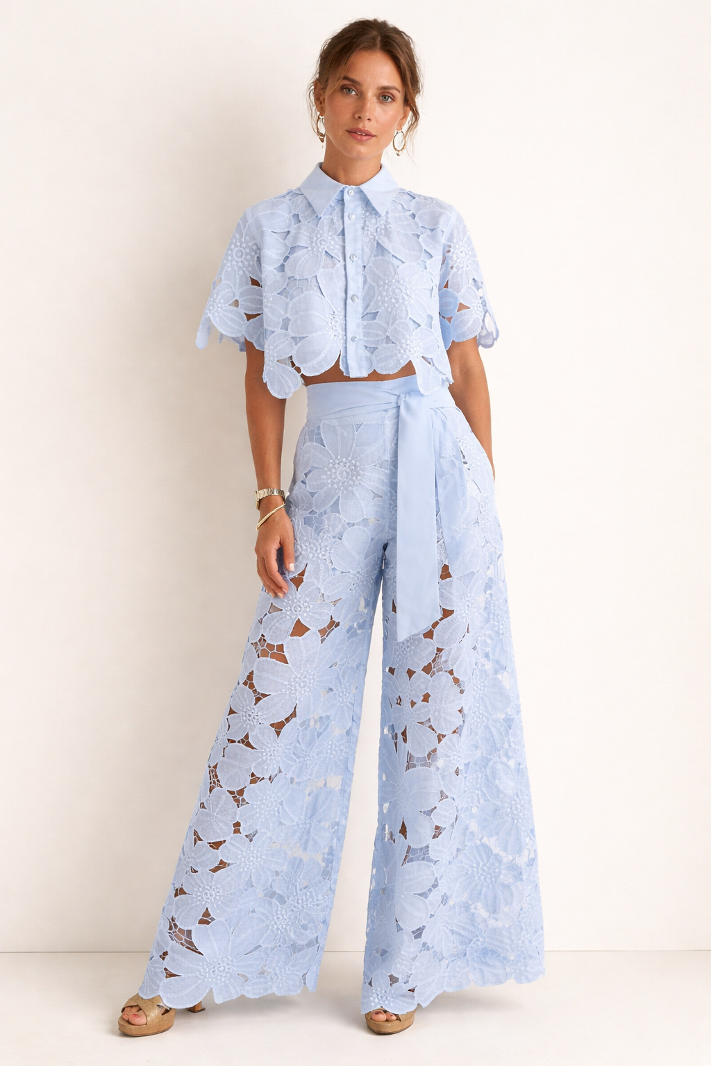Women's Summer Blouse and Wide-Leg Trousers Set with Pattern