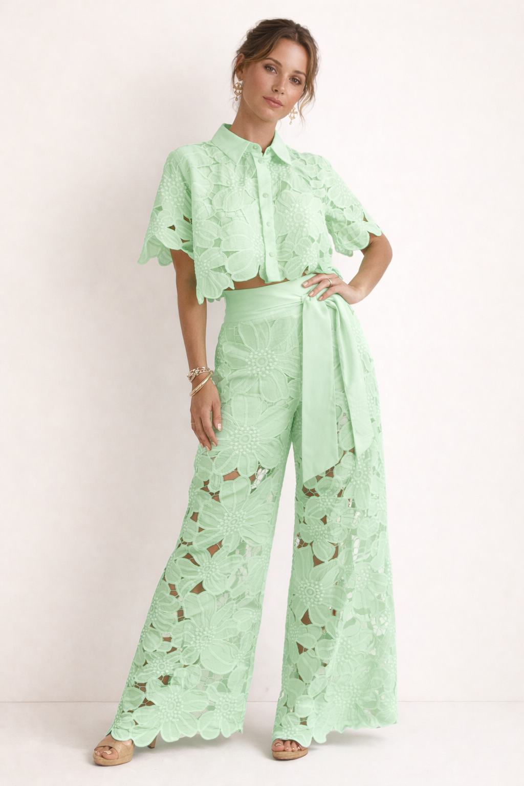 Women's Summer Blouse and Wide-Leg Trousers Set with Pattern