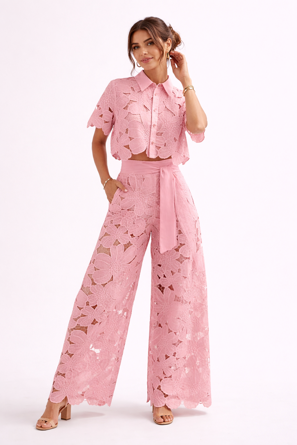 Women's Summer Blouse and Wide-Leg Trousers Set with Pattern