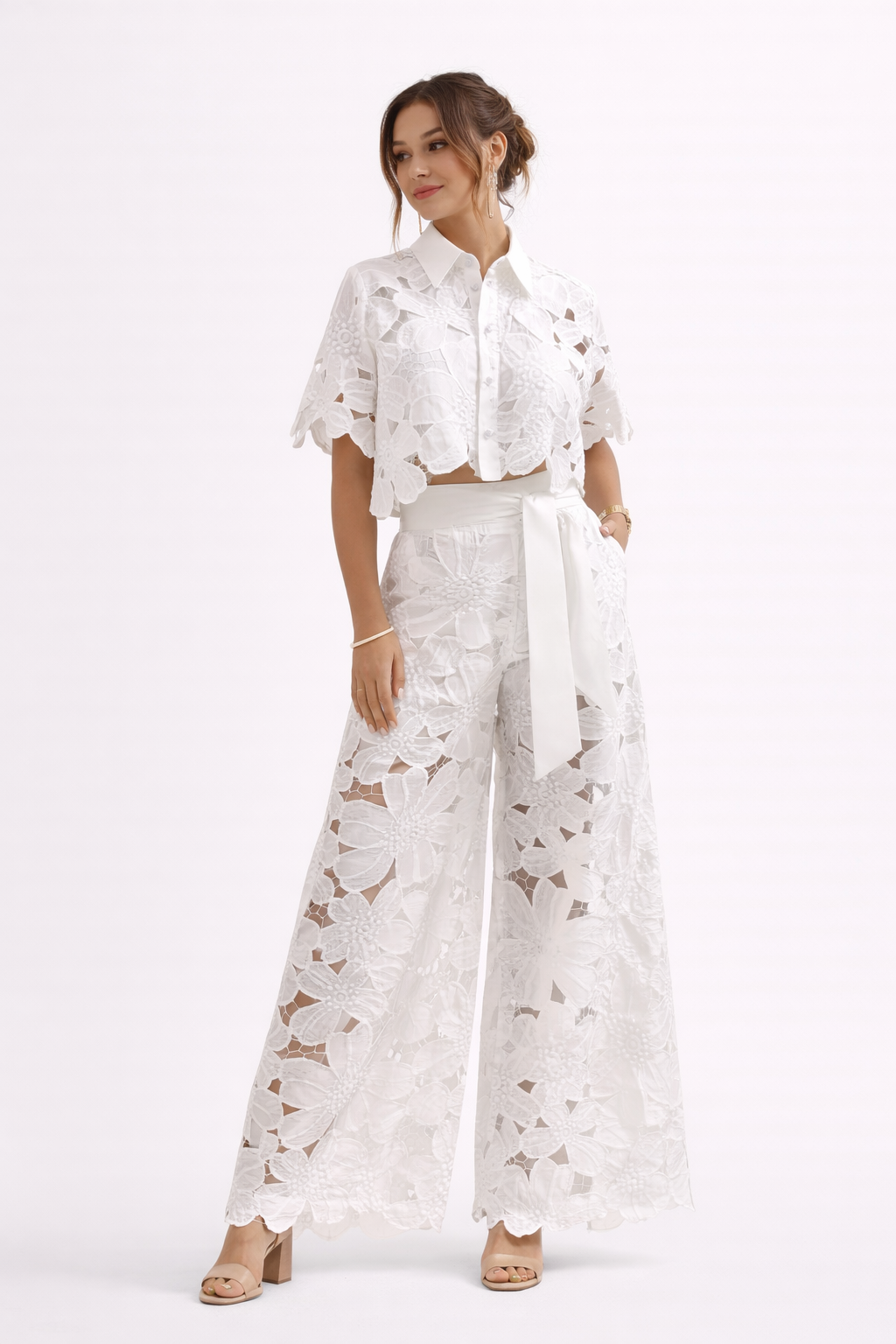 Women's Summer Blouse and Wide-Leg Trousers Set with Pattern