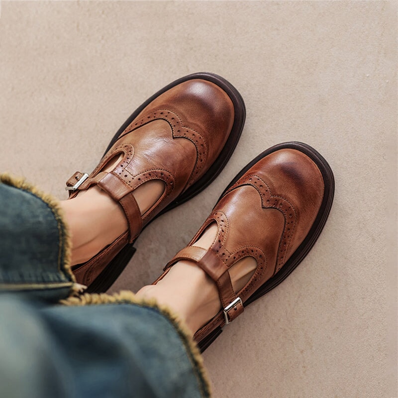 Women's T-Strap Shoes – Textured Look with Perforated Details