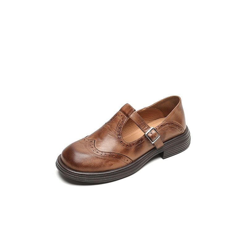 Women's T-Strap Shoes – Textured Look with Perforated Details
