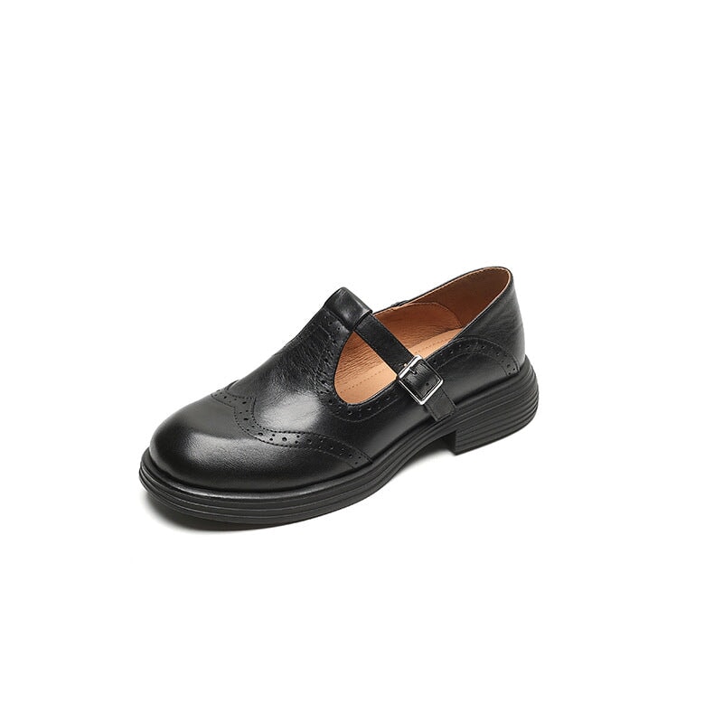 Women's T-Strap Shoes – Textured Look with Perforated Details