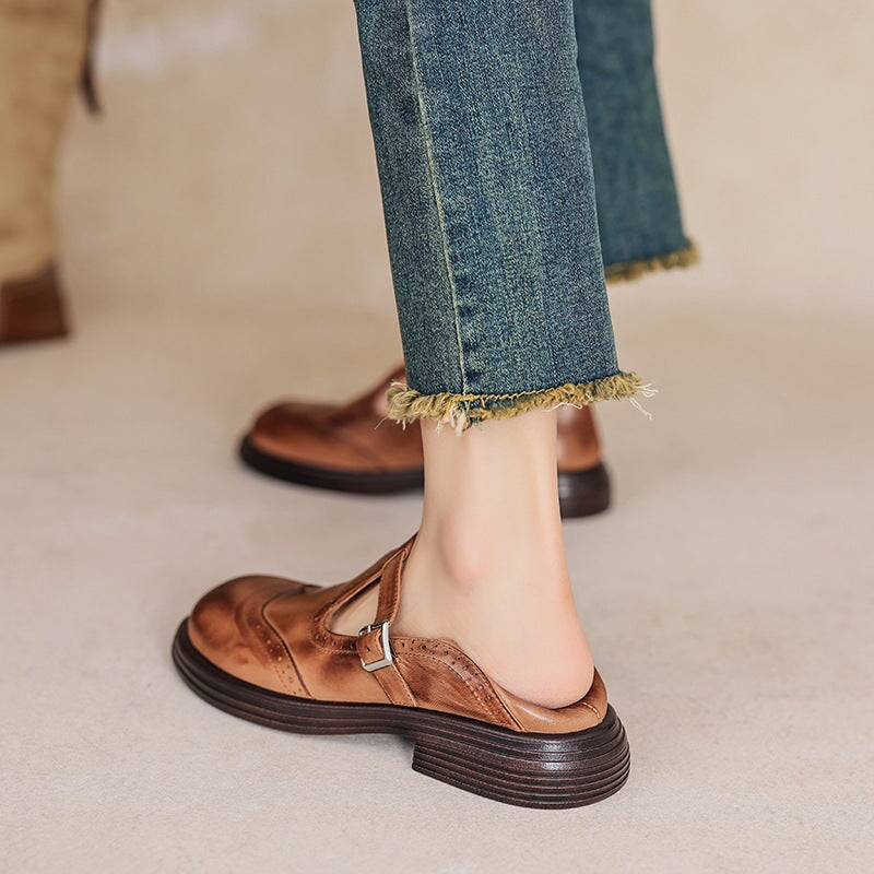 Women's T-Strap Shoes – Textured Look with Perforated Details