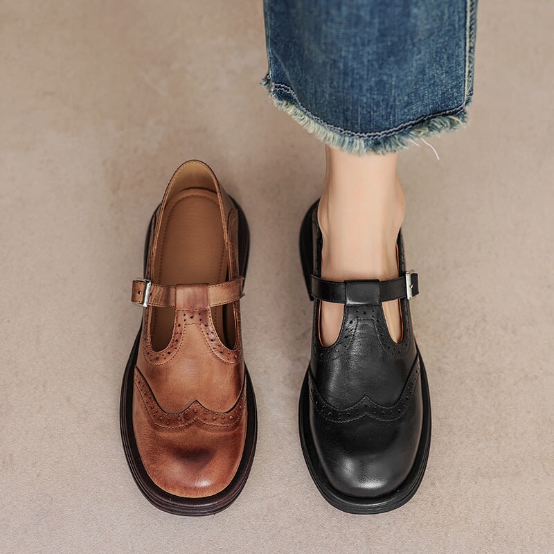 Women's T-Strap Shoes – Textured Look with Perforated Details