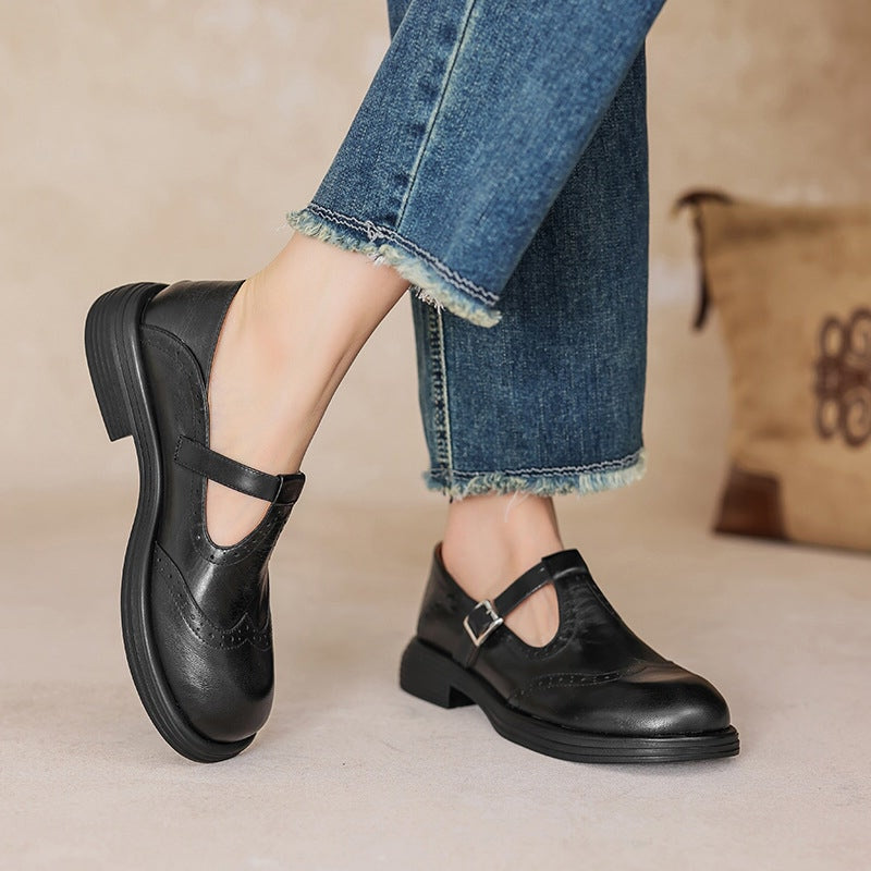 Women's T-Strap Shoes – Textured Look with Perforated Details