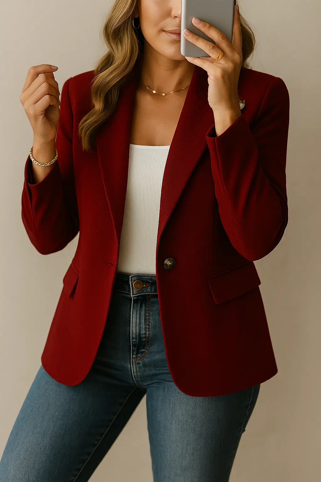 Women's Tailored Single-Button Blazer with Flap Pockets and Lapels