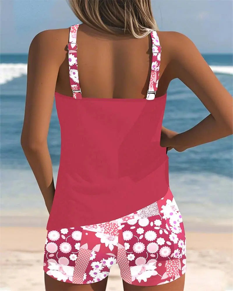 Women's Two-Piece Tankini Set with Floral Shorts and Adjustable Straps