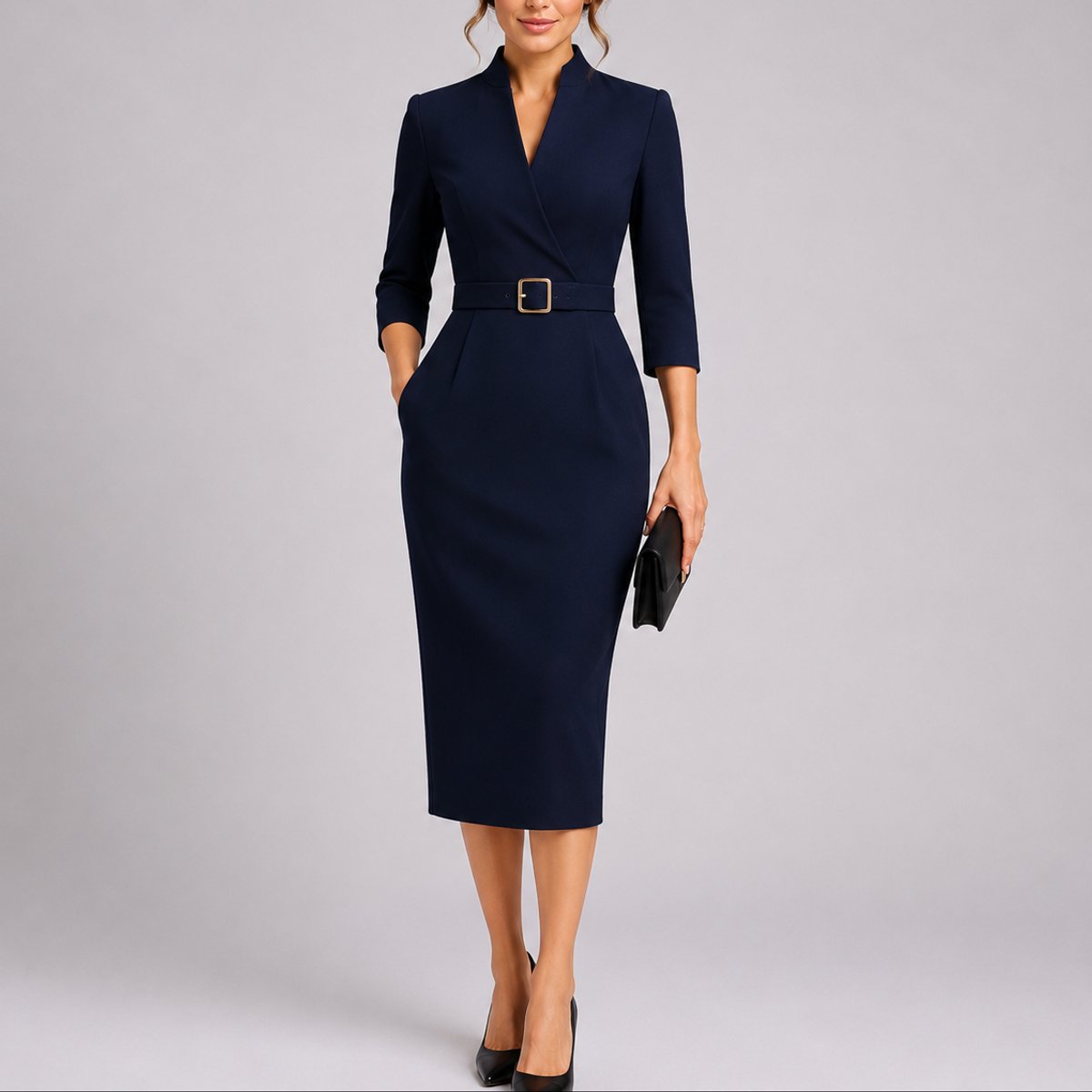 Women's V-Neck Belted Bodycon Midi Fall Wedding Guest Dress