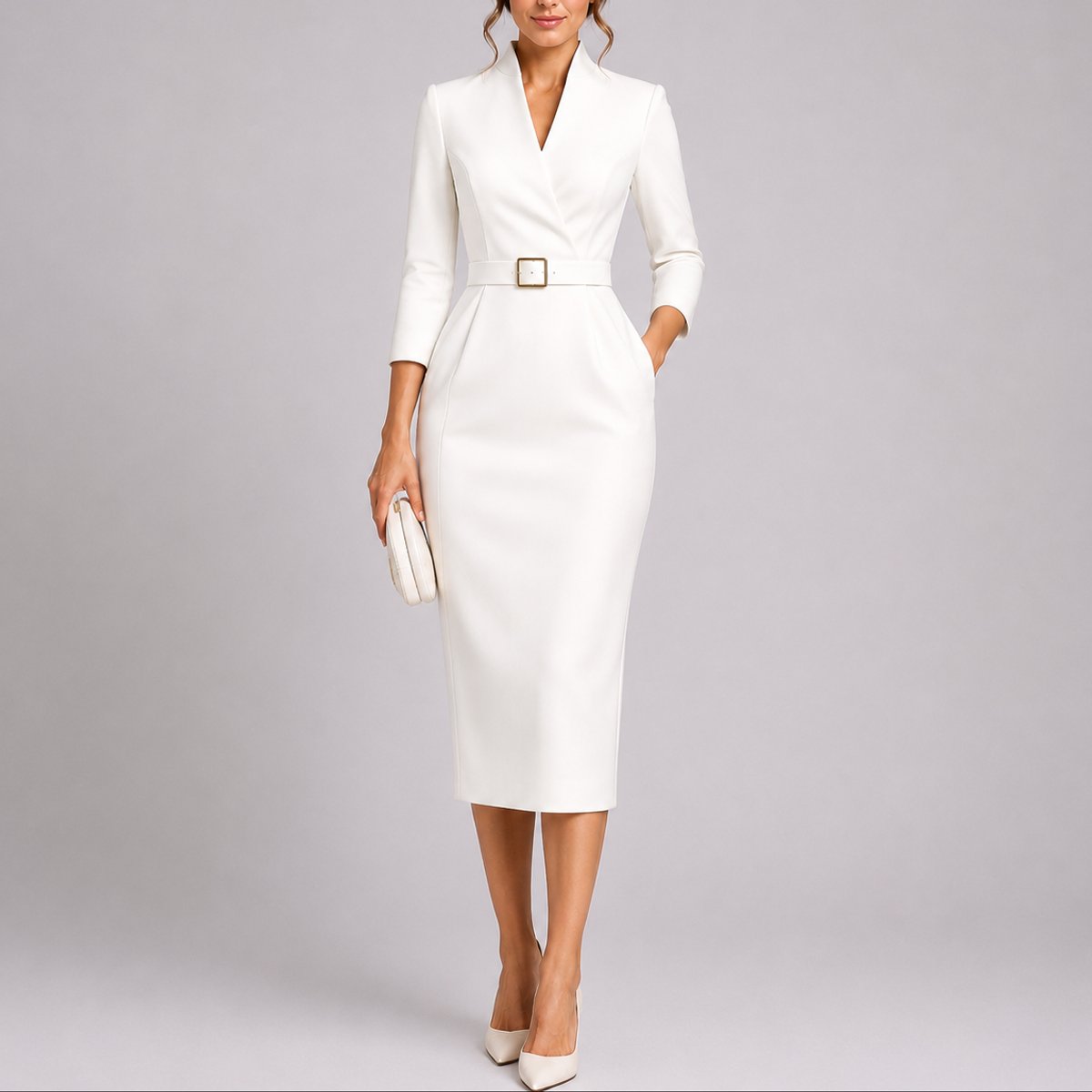 Women's V-Neck Belted Bodycon Midi Fall Wedding Guest Dress