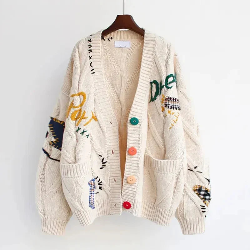 Women's V-Neck Cardigan with Patchwork Embroidery