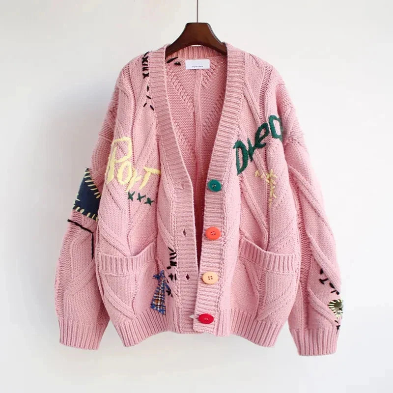 Women's V-Neck Cardigan with Patchwork Embroidery