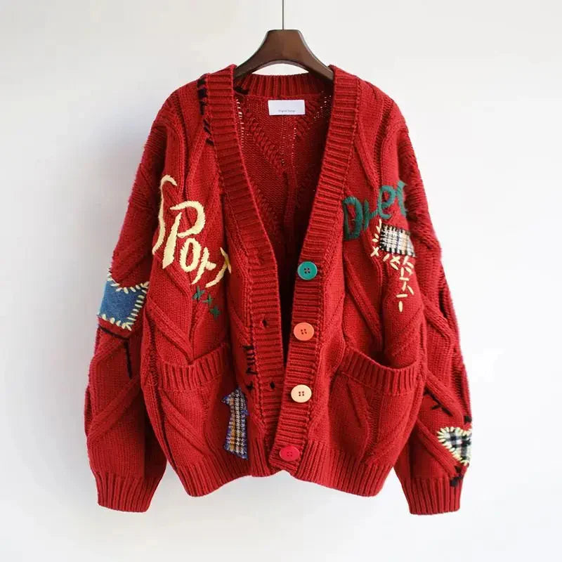 Women's V-Neck Cardigan with Patchwork Embroidery