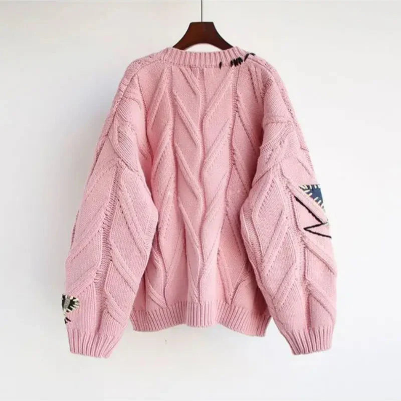 Women's V-Neck Cardigan with Patchwork Embroidery