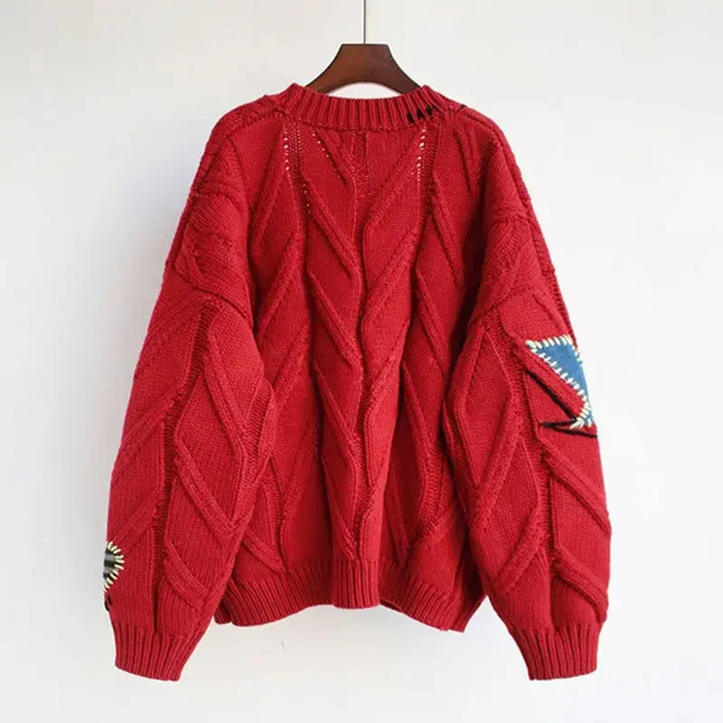 Women's V-Neck Cardigan with Patchwork Embroidery