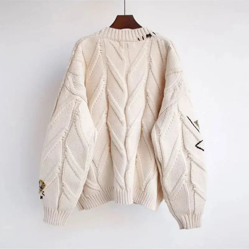 Women's V-Neck Cardigan with Patchwork Embroidery