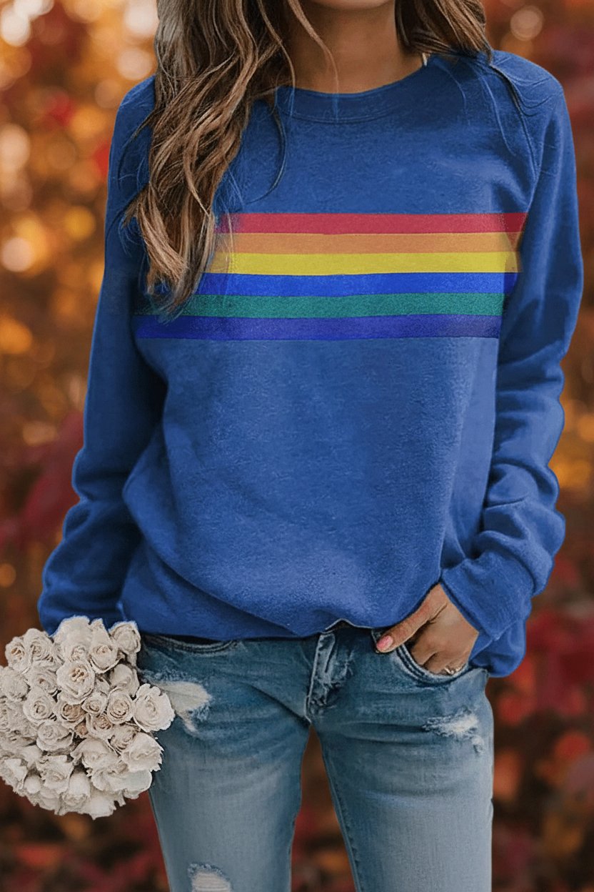 Women's Vintage Rainbow-Striped Relaxed-Fit Pullover Sweatshirt