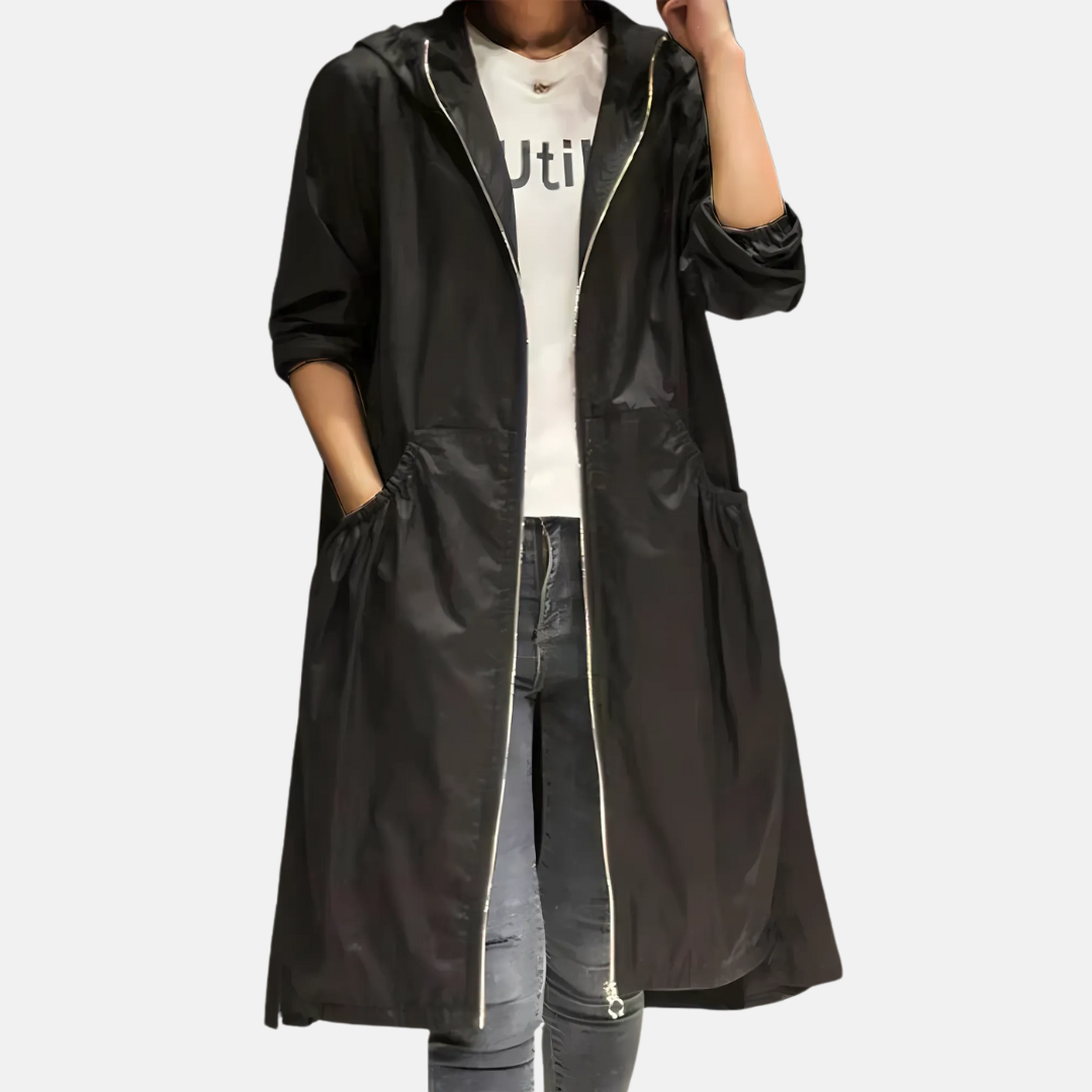 Women's Water-Resistant Hooded Knee-Length Jacket