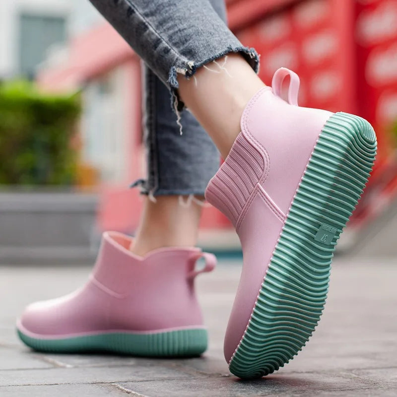 Women's Waterproof Ankle Rain Boots with Collar