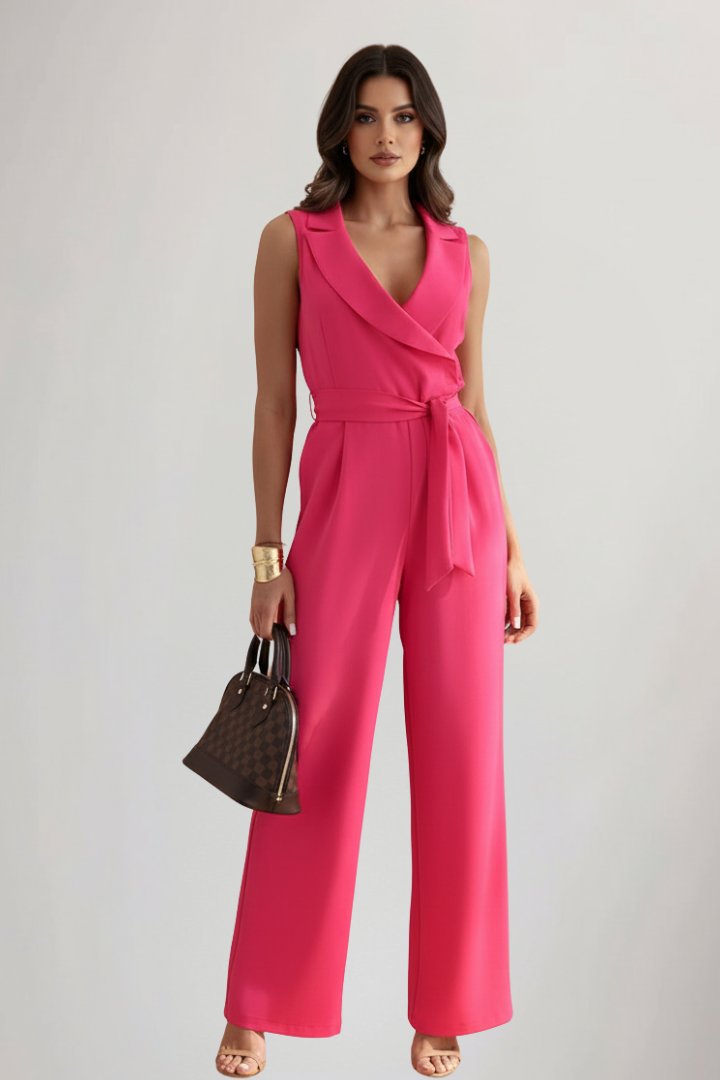 Women's Wide-Leg Blazer-Collar Tie-Waist Full-Length Jumpsuit