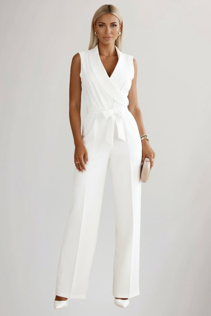 Women's Wide-Leg Blazer-Collar Tie-Waist Full-Length Jumpsuit