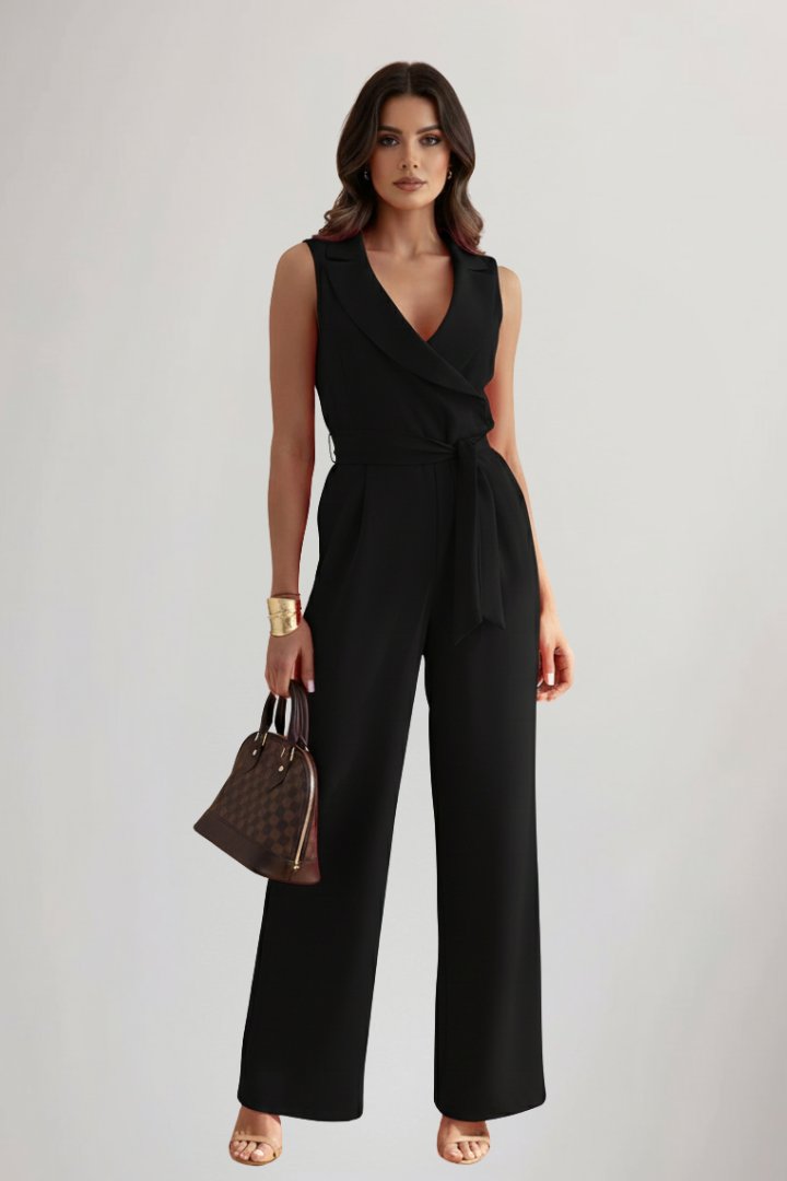 Women's Wide-Leg Blazer-Collar Tie-Waist Full-Length Jumpsuit