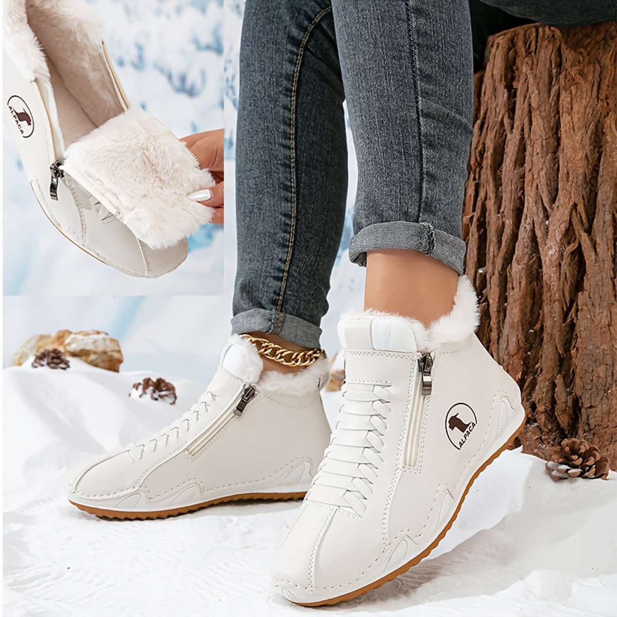Women's Winter Boots with Faux Fur Lining and Wide Toe – Black, Non-Slip Sole, Double Zip Fastening