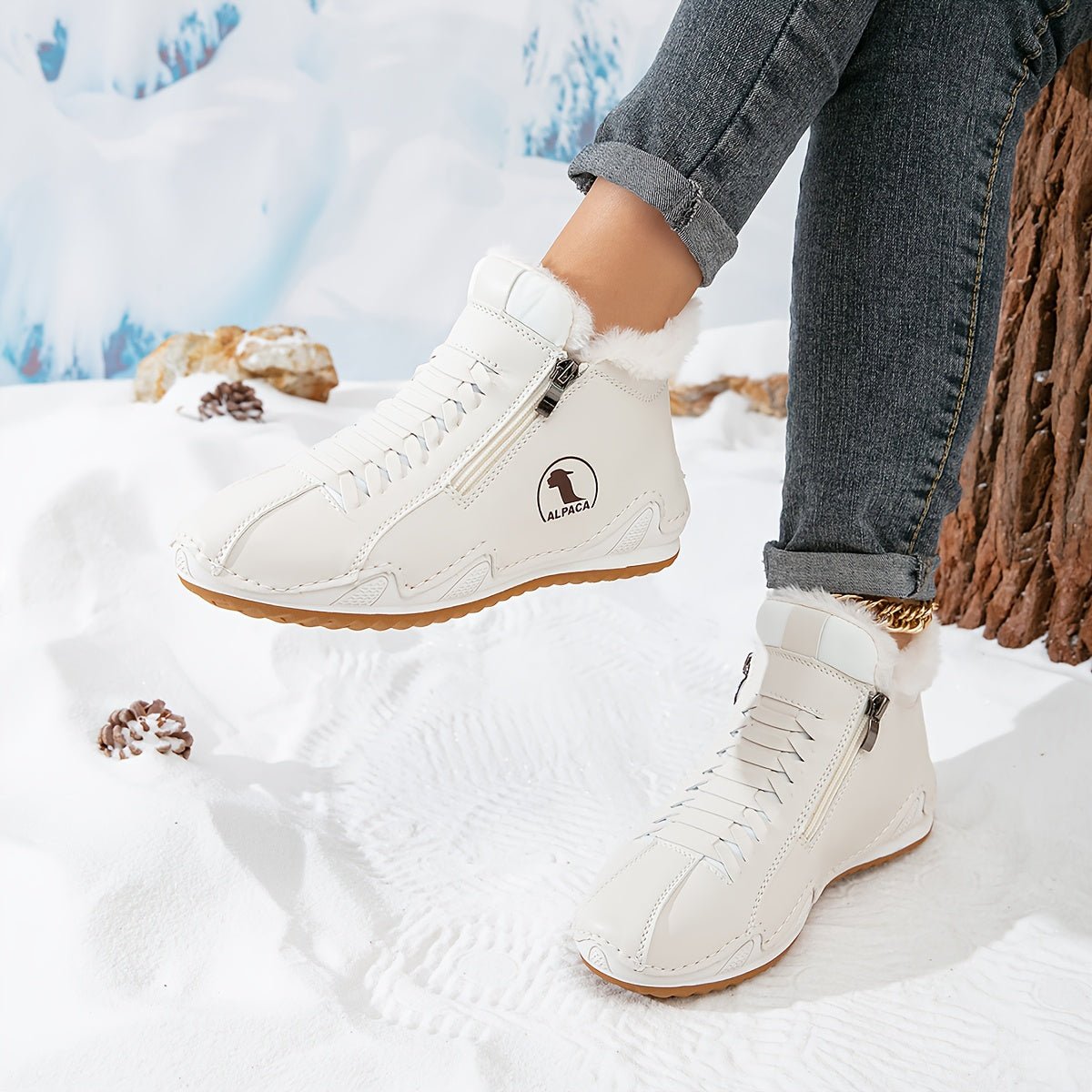 Women's Winter Boots with Faux Fur Lining and Wide Toe – Black, Non-Slip Sole, Double Zip Fastening